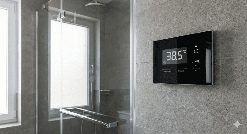 Digital shower control panel mounted outside the shower enclosure, allowing remote temperature adjustment before entering.