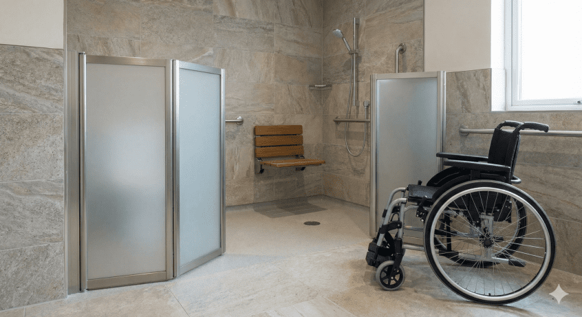 An accessible shower room designed for assisted bathing, featuring half-height frosted doors that open wide for easy wheelchair access. The shower area includes a wall-mounted wooden fold-down seat and safety grab rails, allowing carers to assist comfortably.