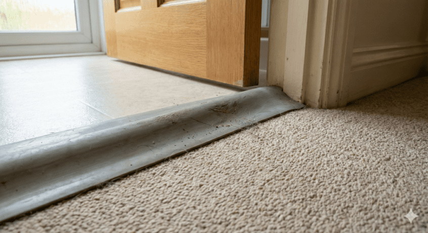 Collapsible rubber water threshold barrier installed at a bathroom door to prevent leaks while allowing wheelchair access.