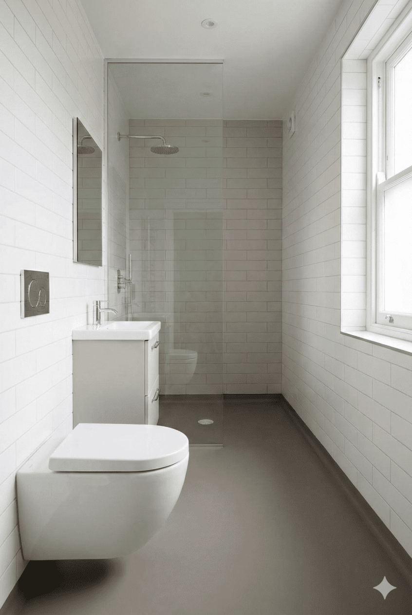 A modern, narrow galley-style bathroom featuring a walk-through shower layout. The shower is positioned at the far end of the room behind a single fixed glass screen with an open entry, maximising space in the tight corridor-like shape. A wall-hung toilet and floating vanity keep the floor area clear.