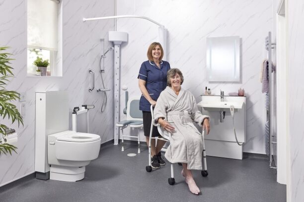 An accessible walk-in bathroom designed and installed by EA Mobility.