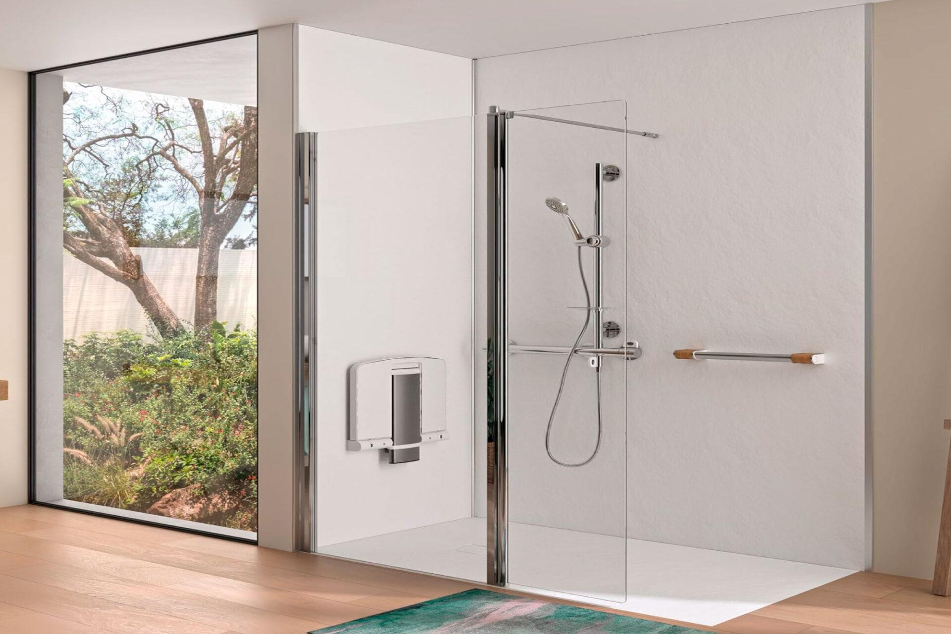 Assisted bathing shower with anti-slip flooring, anti-scald controls and grab rails