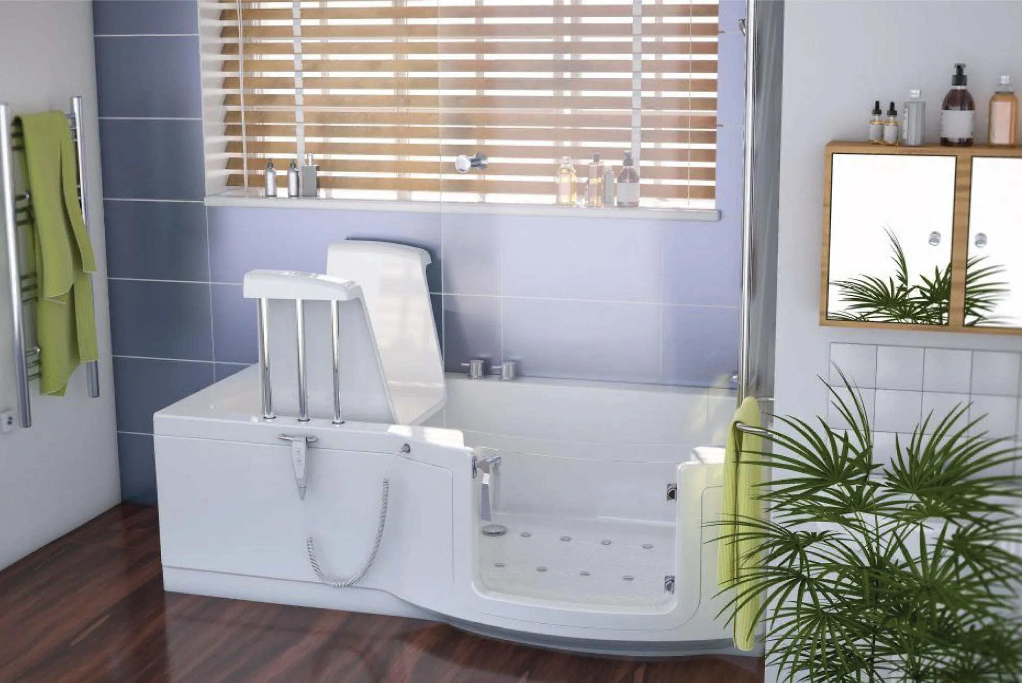 Congham slimline walk-in bath with full-length powered lifting seat.