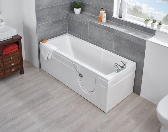 Runcton low level walk-in bath shown with optional safety and comfort upgrades