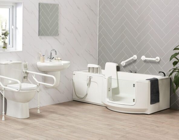 Wolferton P-shaped shower bath shown with optional stylish and functional upgrades