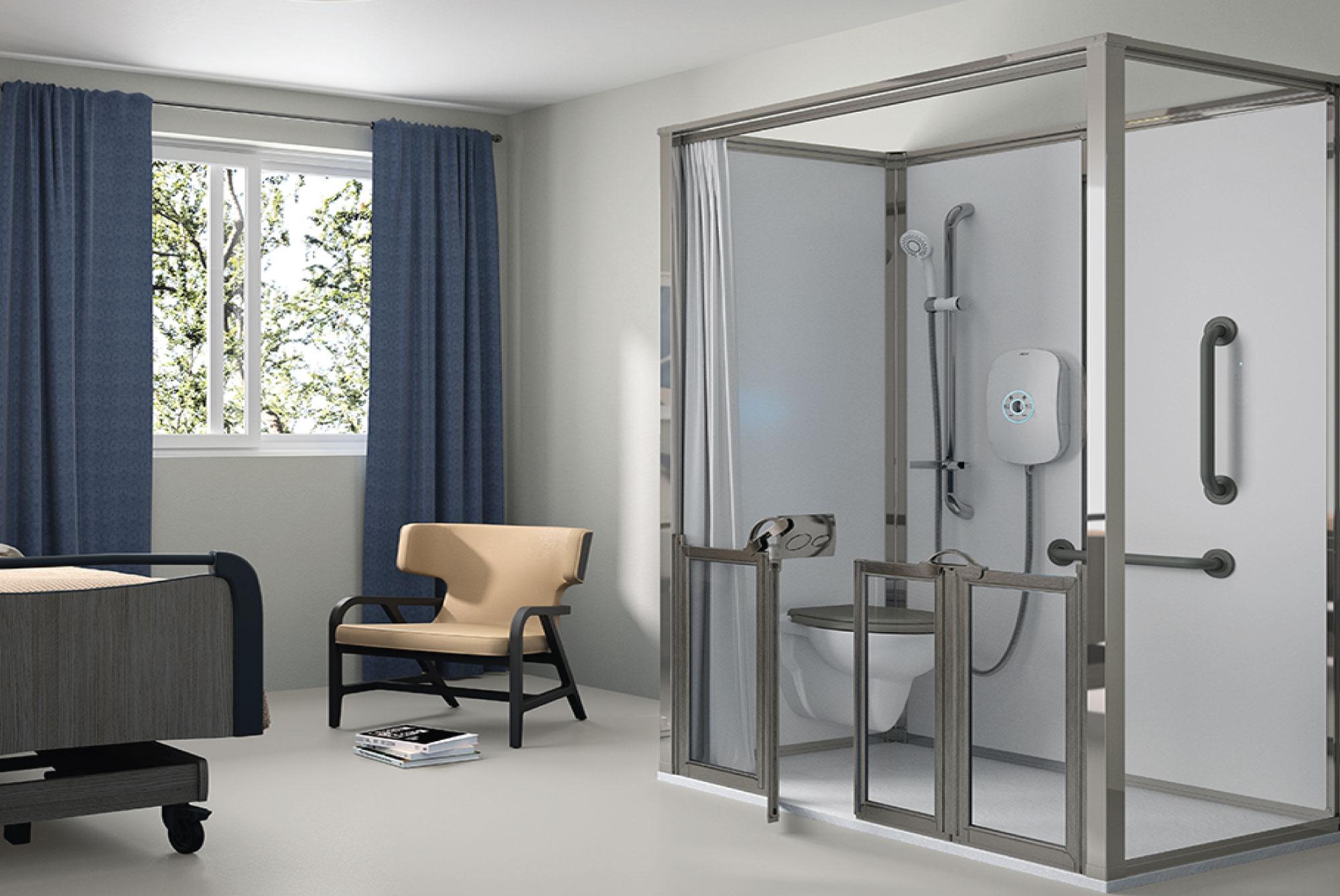 Assisted bathing shower with fold-down seat and grab rails