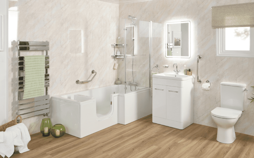 Modern walk in bath installation replacing standard bath for elderly safety