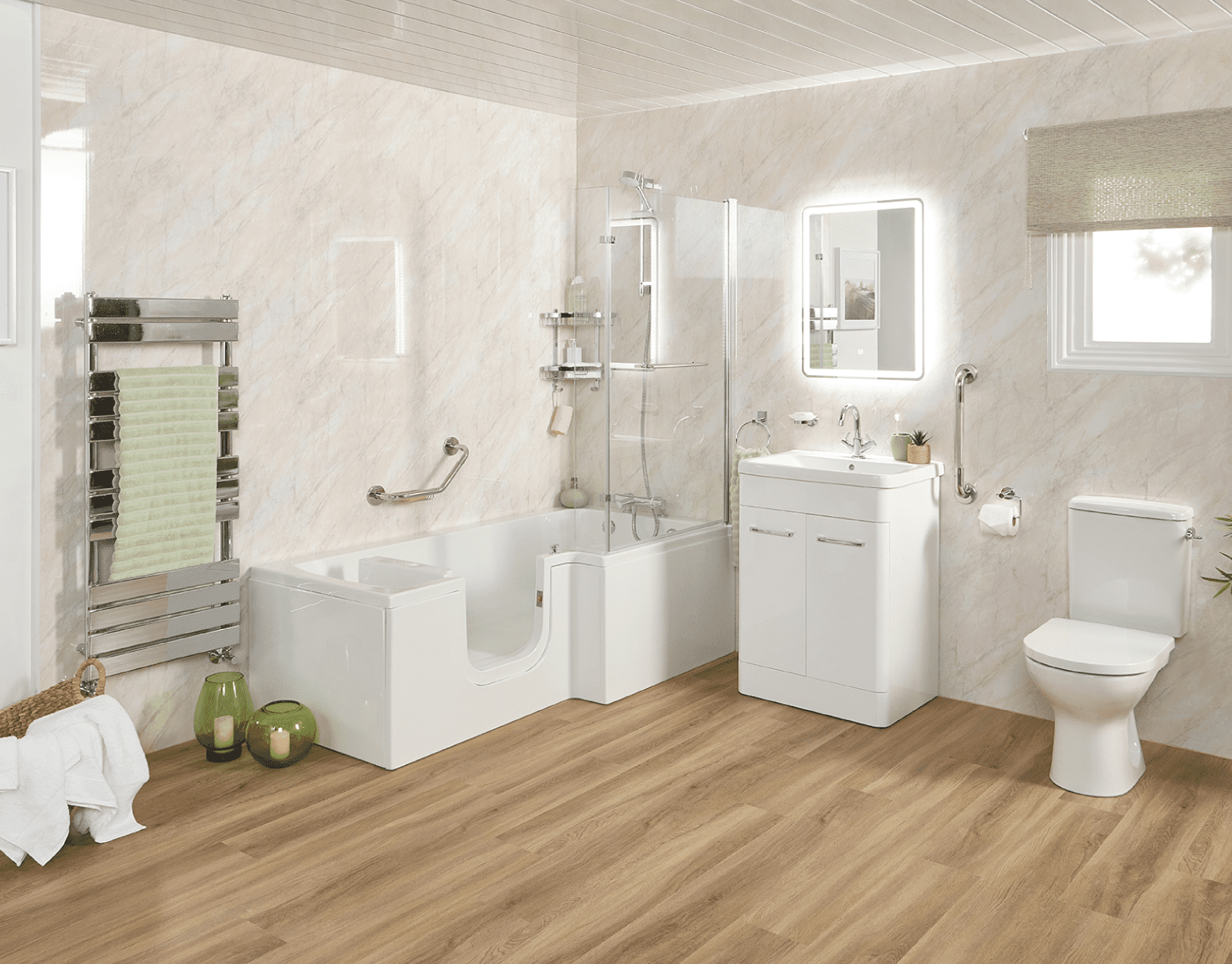P-shaped walk-in shower bath with a glass door and a widened shower end, installed in a UK bathroom