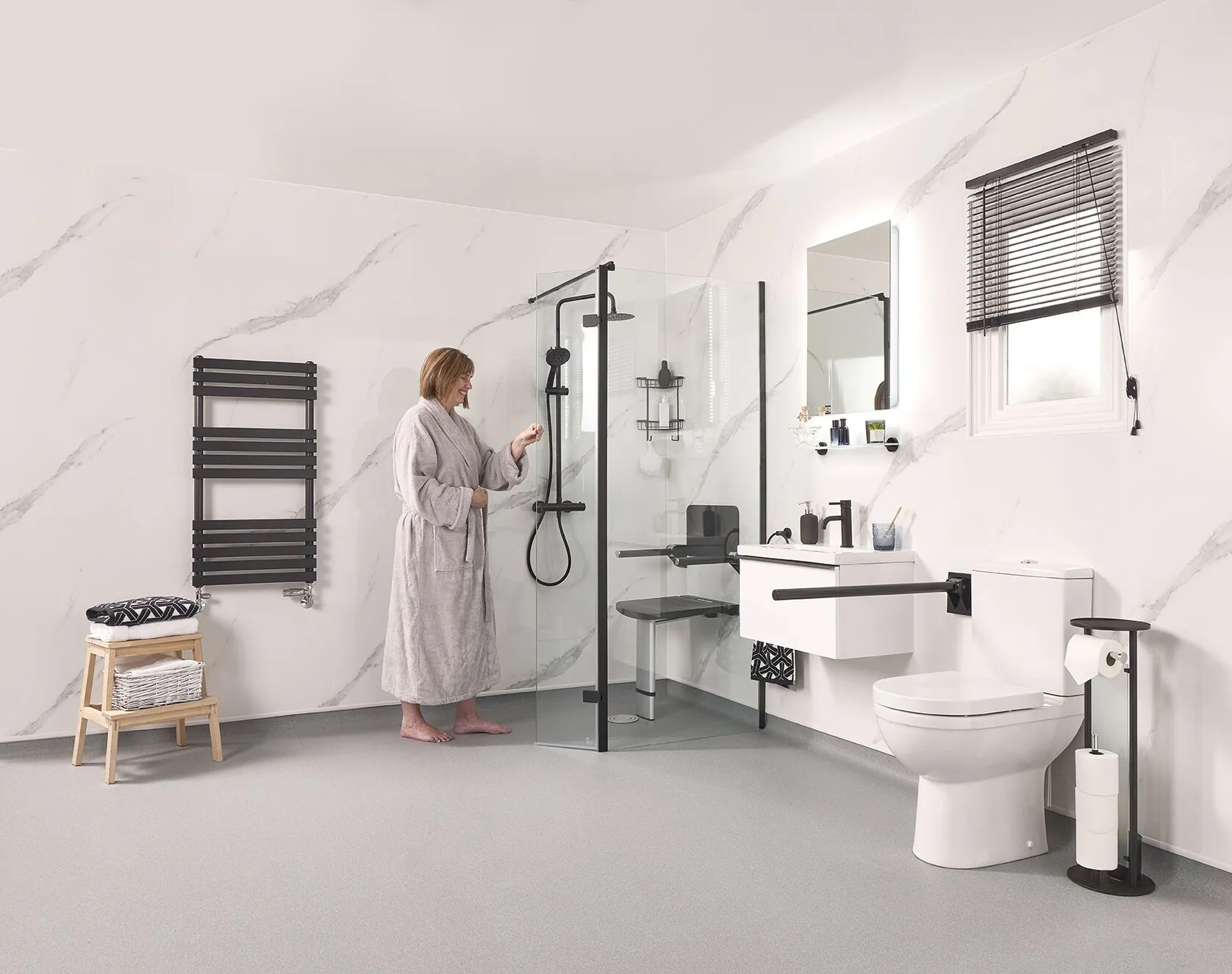 Level-access wet room replacing a standard bath