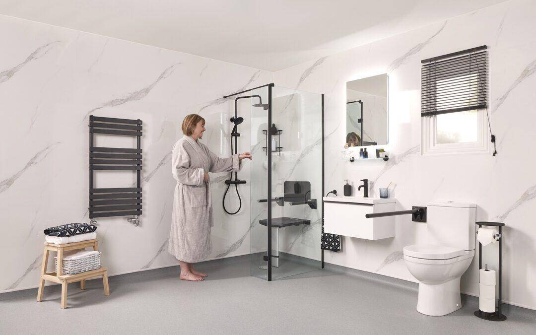 Walk-in shower with built-in seat, grab rails and level access