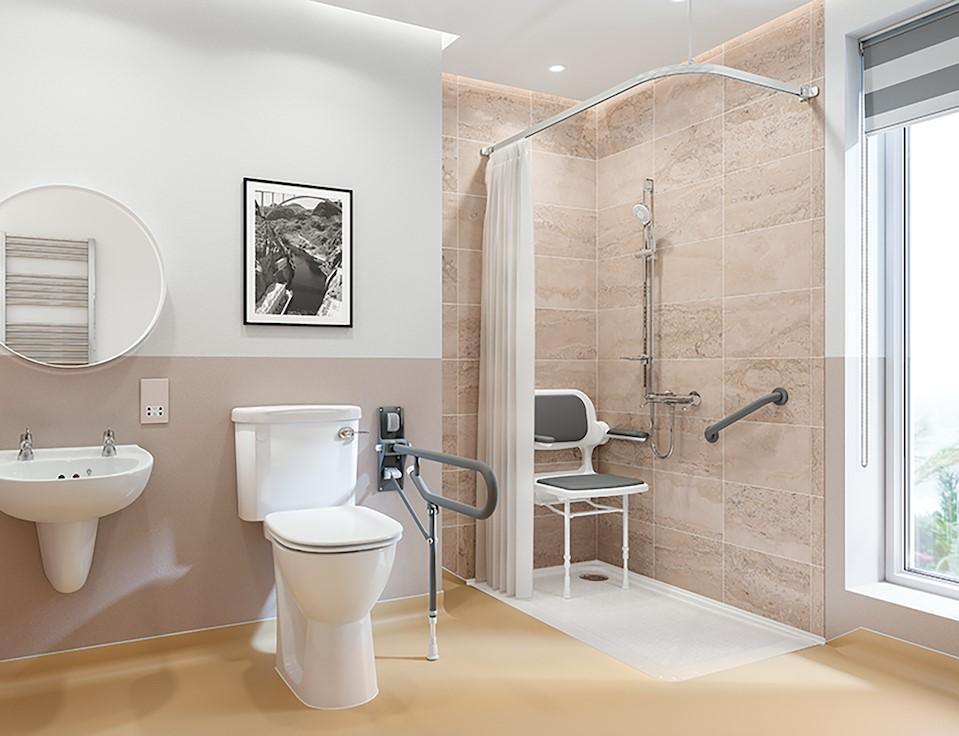 Customisable wet room with accessible features tailored to individual needs.