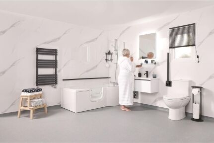 Algarve full-length walk-in bath with stylish glass access door.