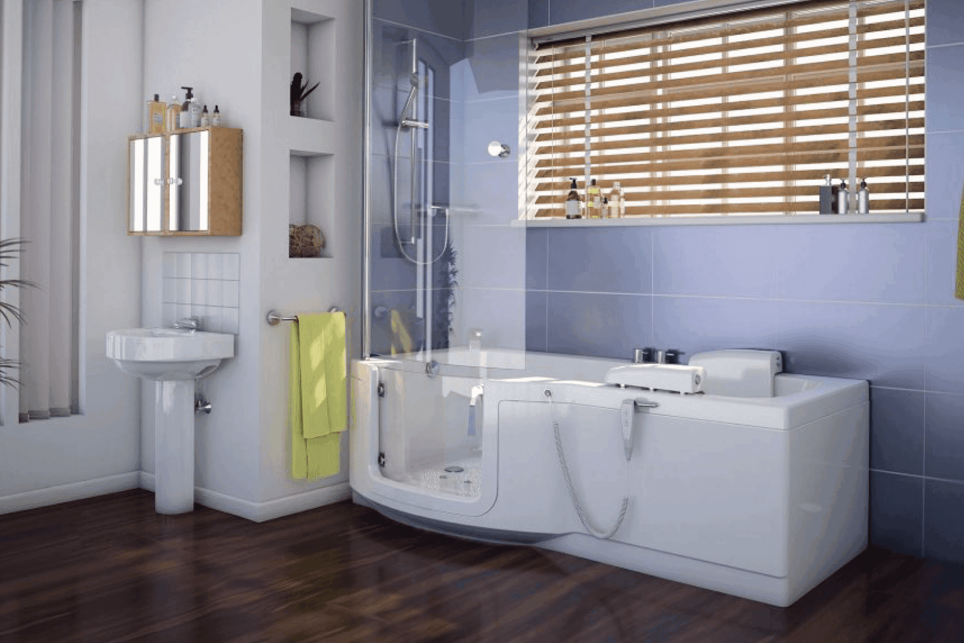 Walk-in bath with powered lift, installed by EA Mobility