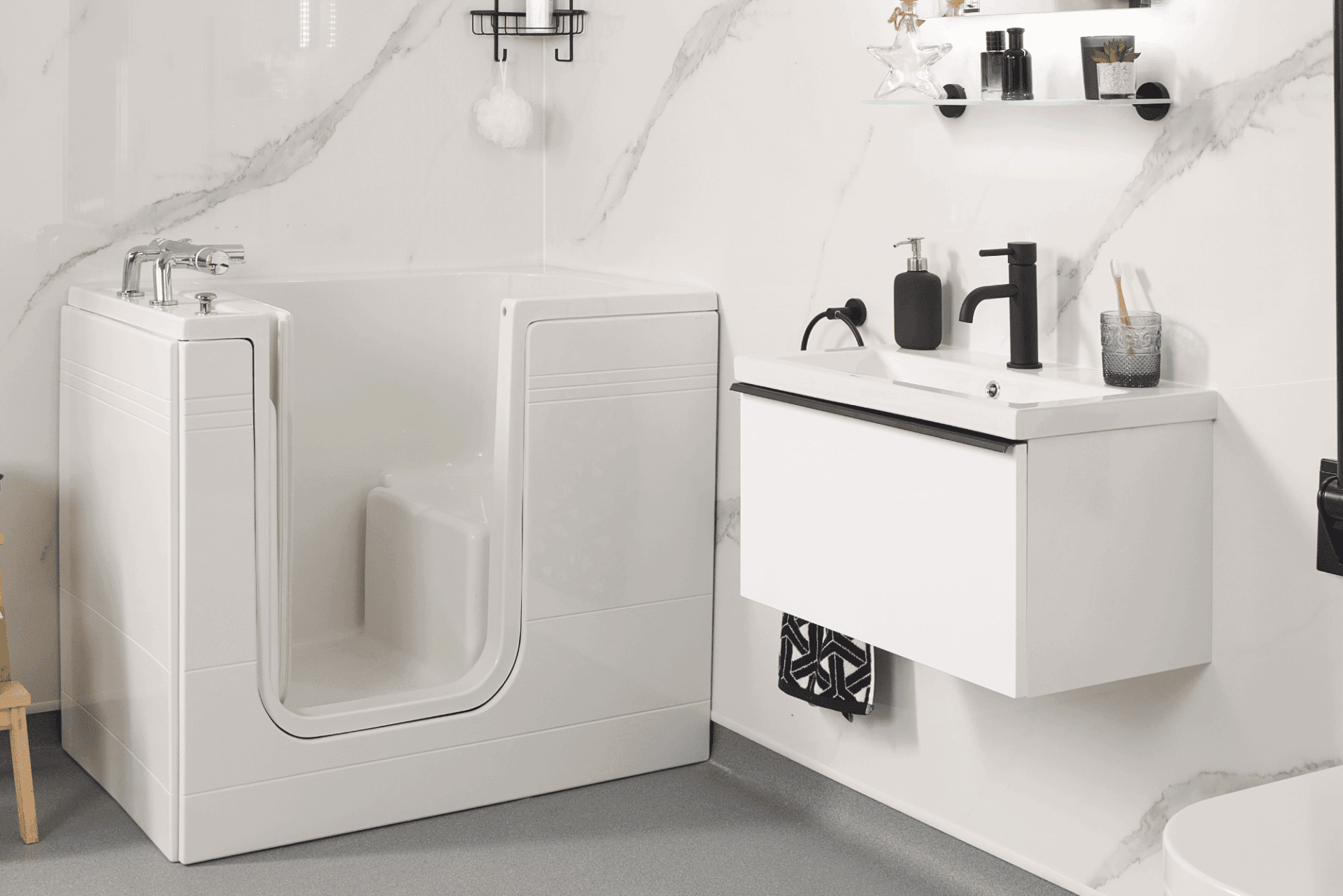Walk-in bath with built-in seat, installed by EA Mobility