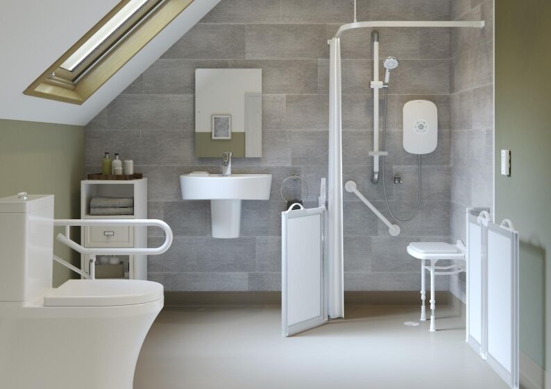 Fully accessible wet room with level-access flooring, slip-resistant surfaces, and modern design.