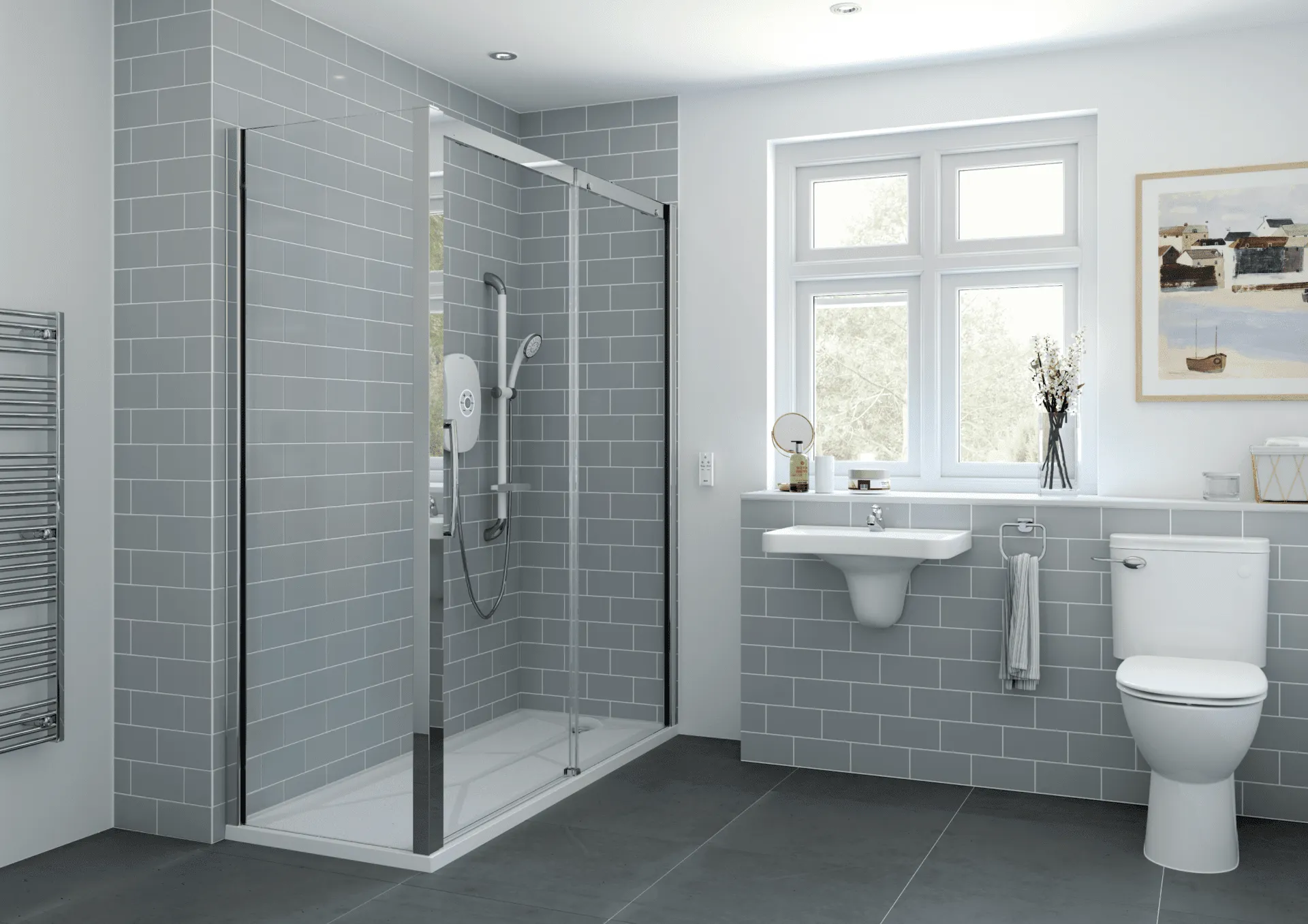 Low-level walk-in shower with easy step-in access