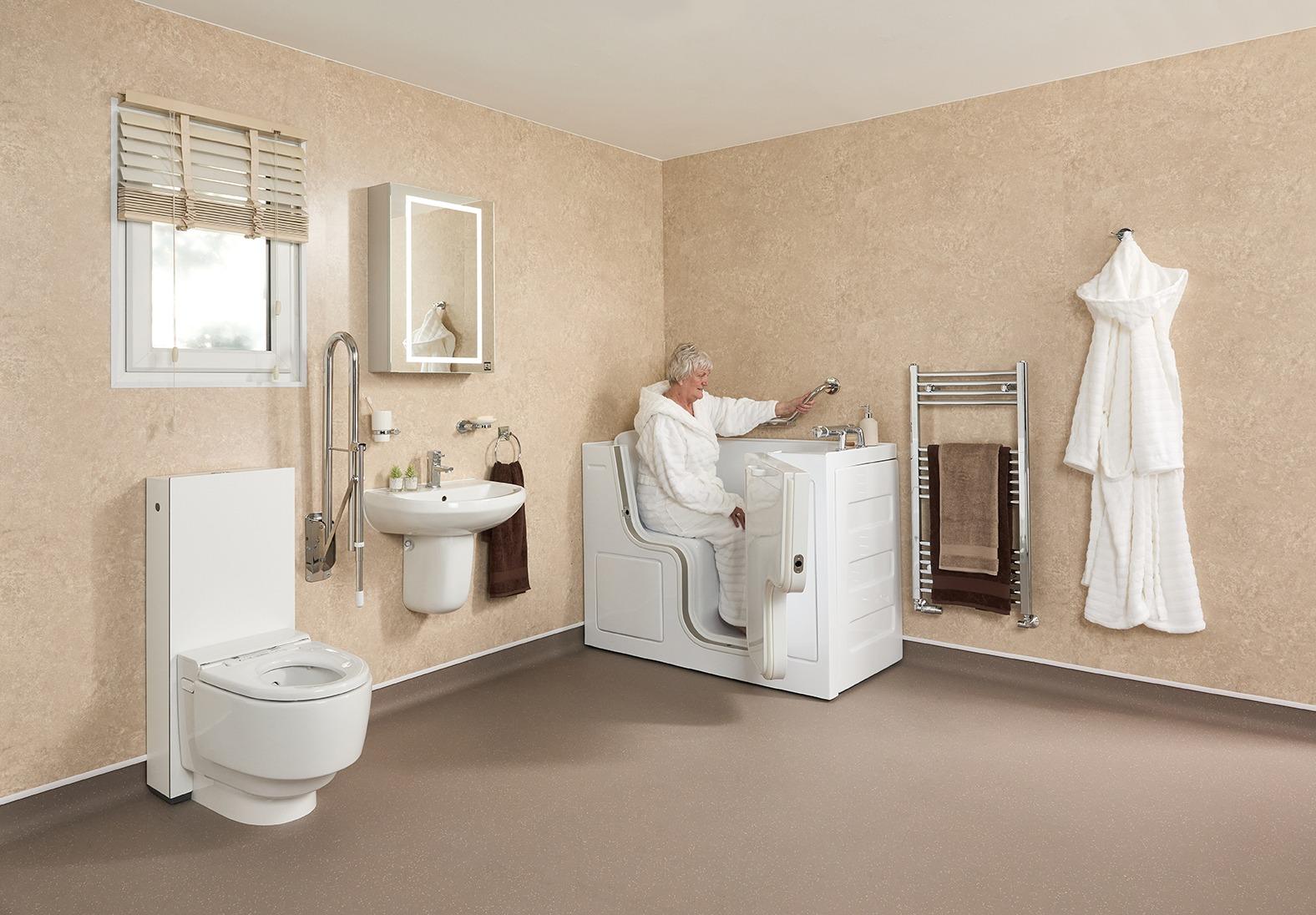 A stylish, accessible bathroom featuring Enabling Creations rails and accessories.