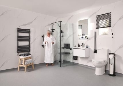 Level-access wet room floor with no step