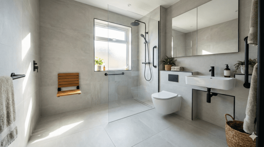 Small accessible wet room with a level-access shower, wall-hung basin and toilet, and a fixed glass screen keeping the floor open