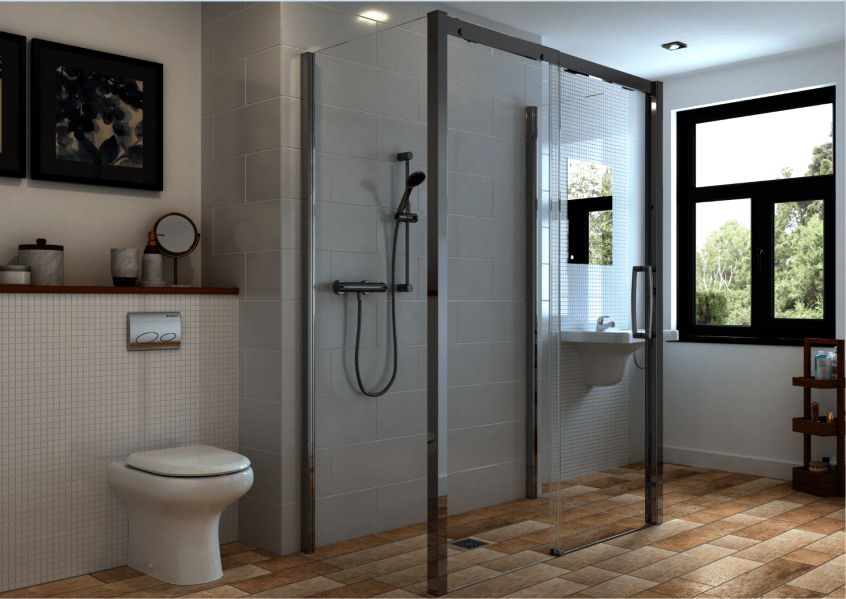 Wood-effect Altro safety flooring laid wall to wall in a small accessible wet room