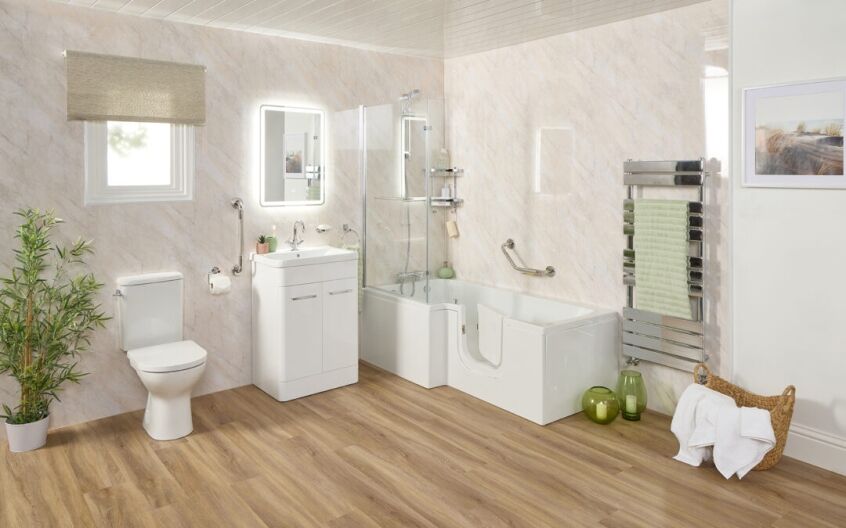 A full length walk-in bath with door open in-wards