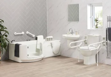 Walk-in bath featuring a door for easy entry and safe bathing.