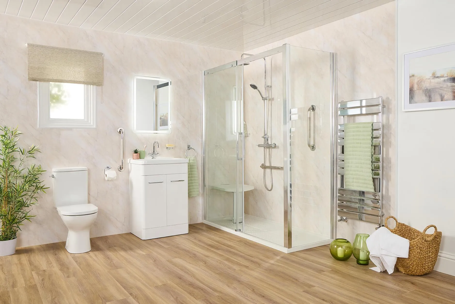 Easy-clean walk-in shower enclosure with slip-resistant floor