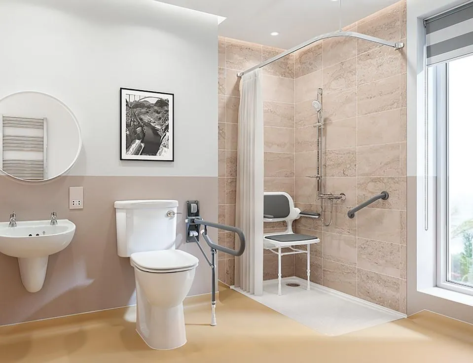 Walk-in shower with fold-down seat and grab rails