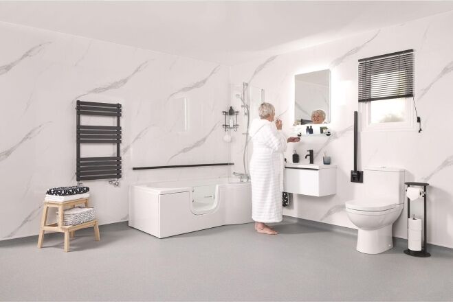 Algarve full-length walk-in bath with stylish glass access door.