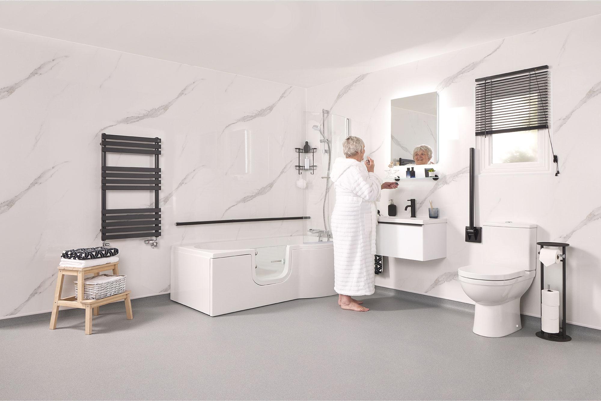 Modern accessible bathroom with a walk-in bath