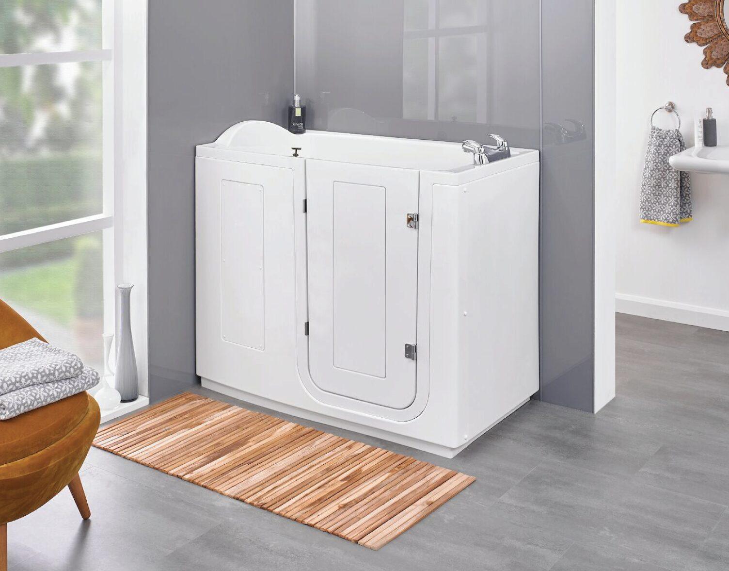 Burnham low threshold walk-in bath shown with optional safety and comfort upgrades