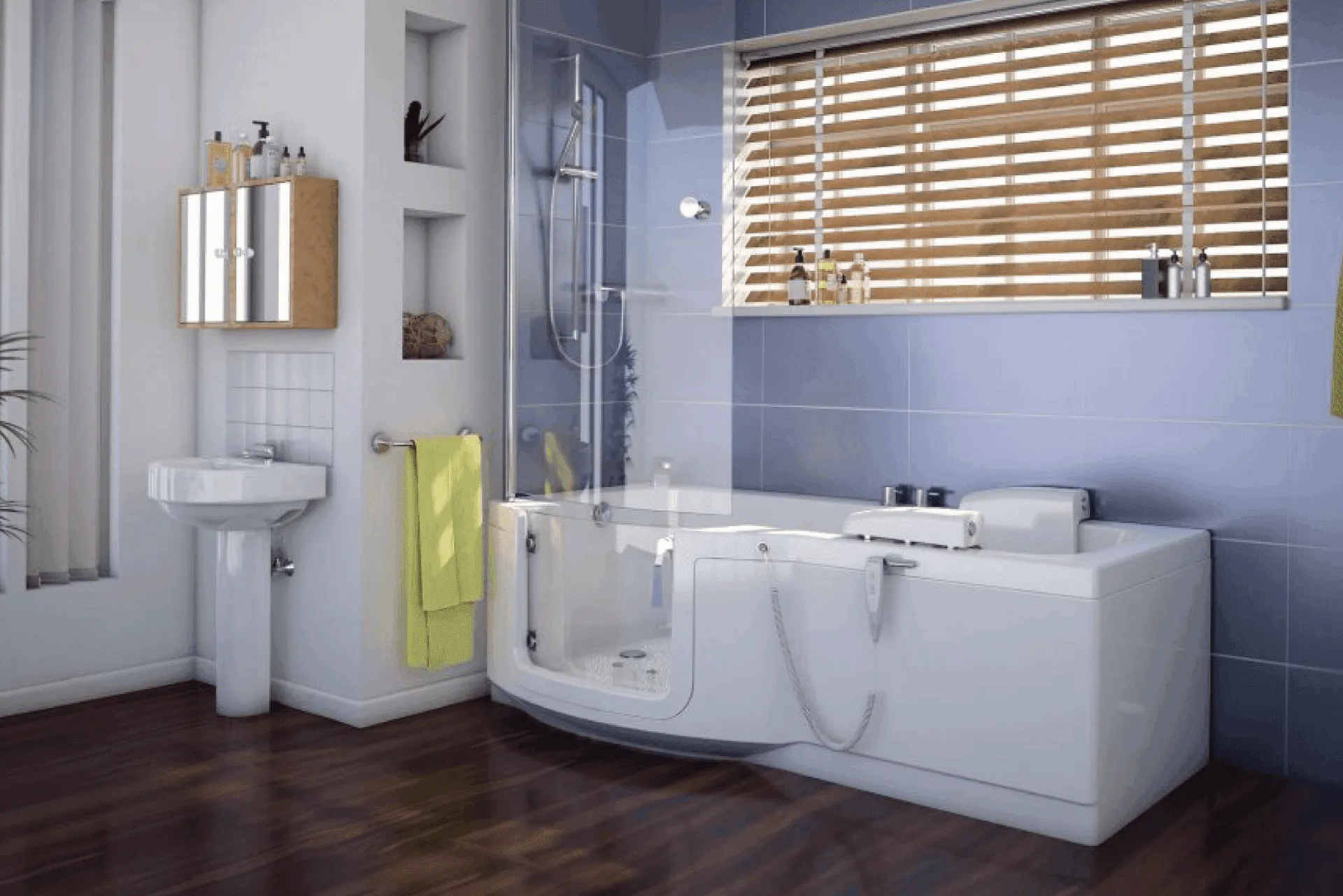 Walk-in bath with powered lift, installed by EA Mobility
