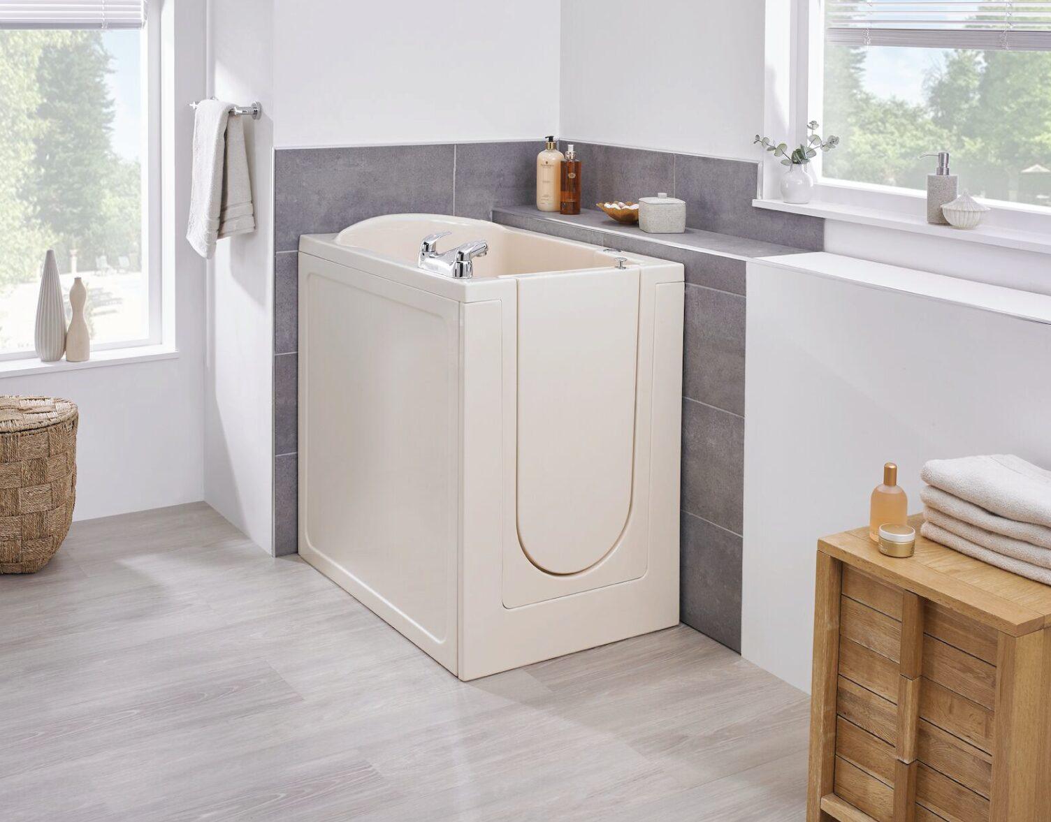 Gayton front access walk-in bath shown with optional comfort and safety upgrades