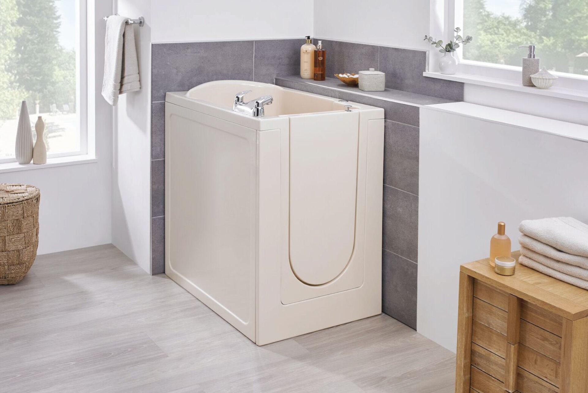 Gayton front-access walk-in bath with front-facing door for alcove installations.