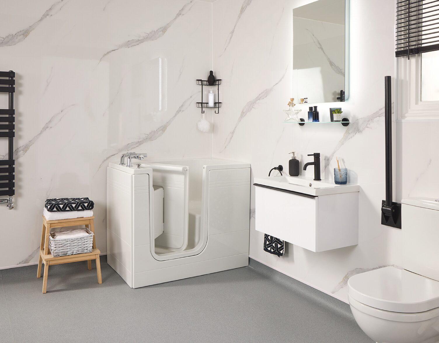 Luxor easy access walk-in bath shown with optional comfort and safety upgrades