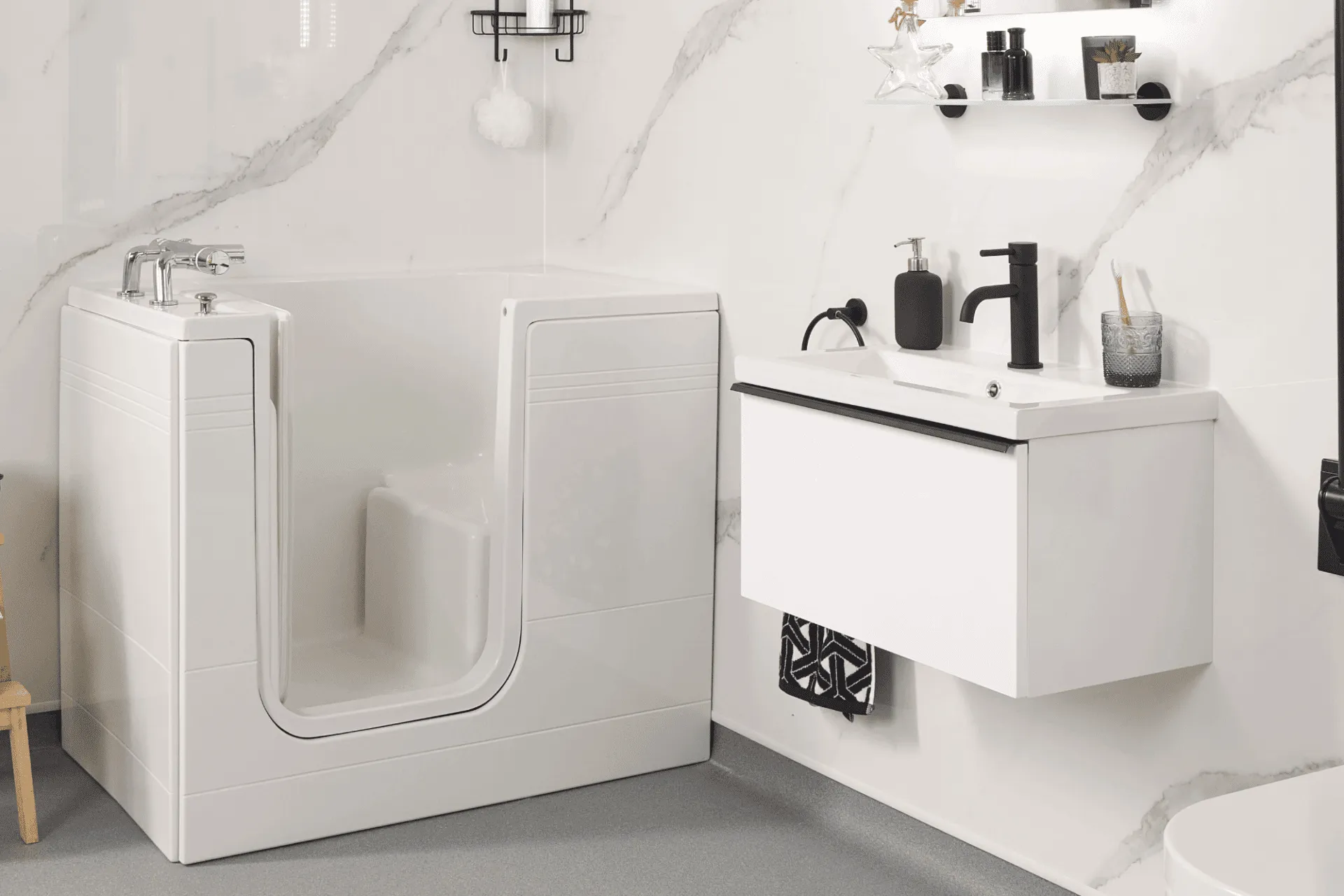 Walk-in bath with built-in seat, installed by EA Mobility