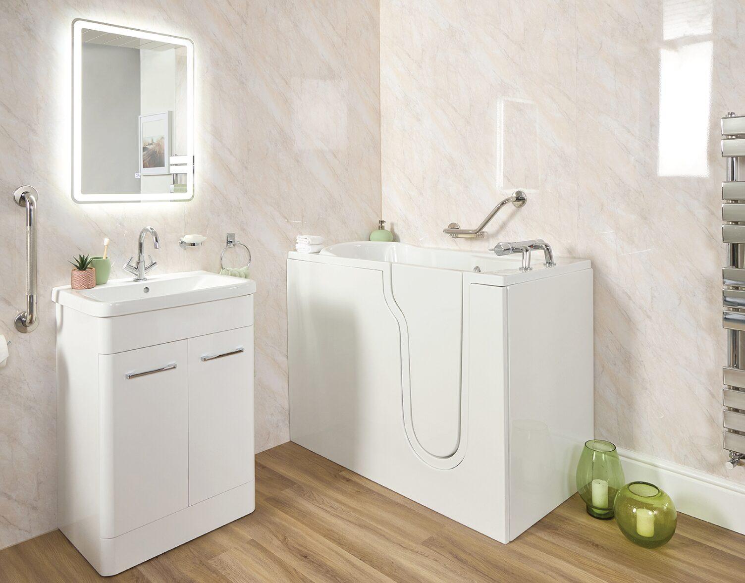 Roma and Roma Mini walk-in baths shown with optional luxury upgrades