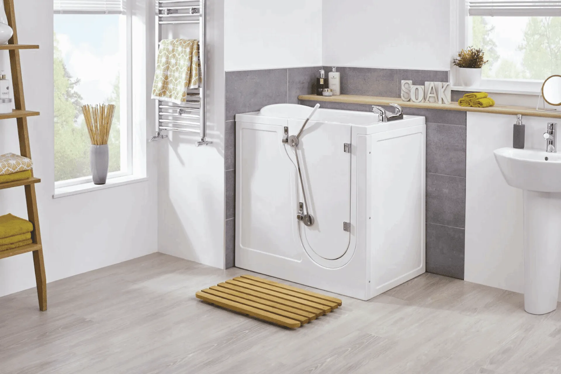 Compact walk-in bath for small bathrooms, installed by EA Mobility