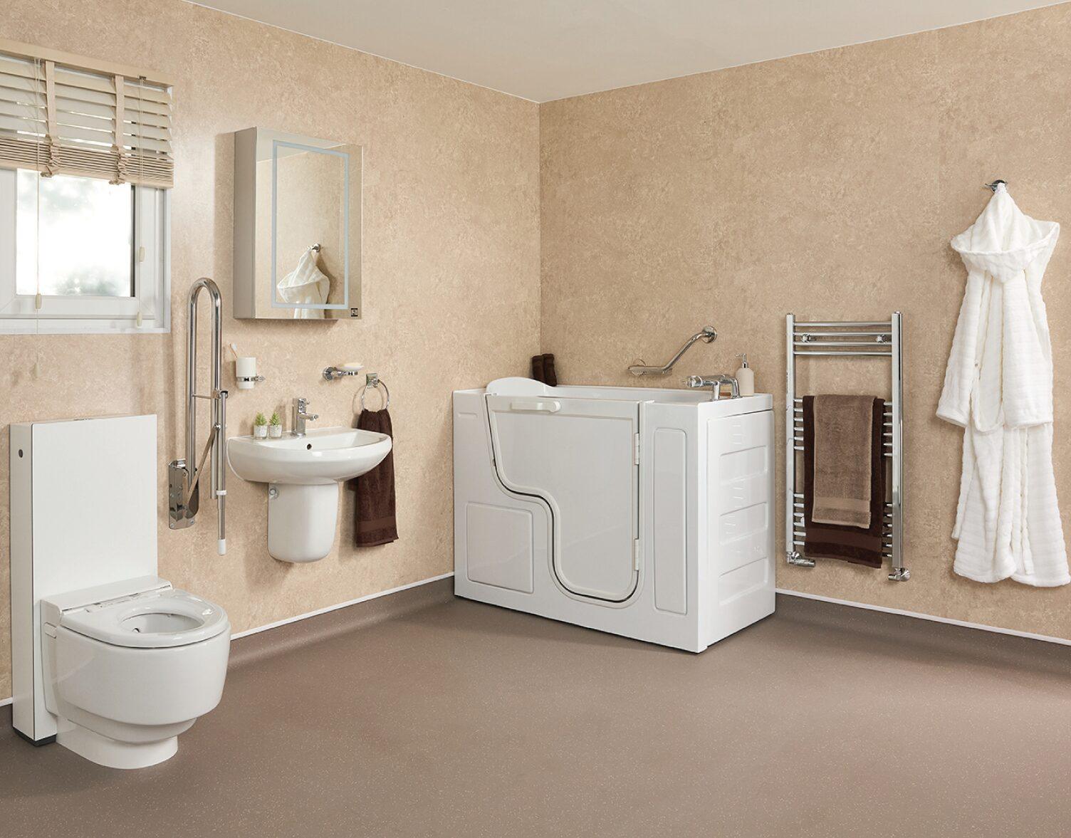 Serenity wheelchair accessible bath shown with optional transfer and safety upgrades