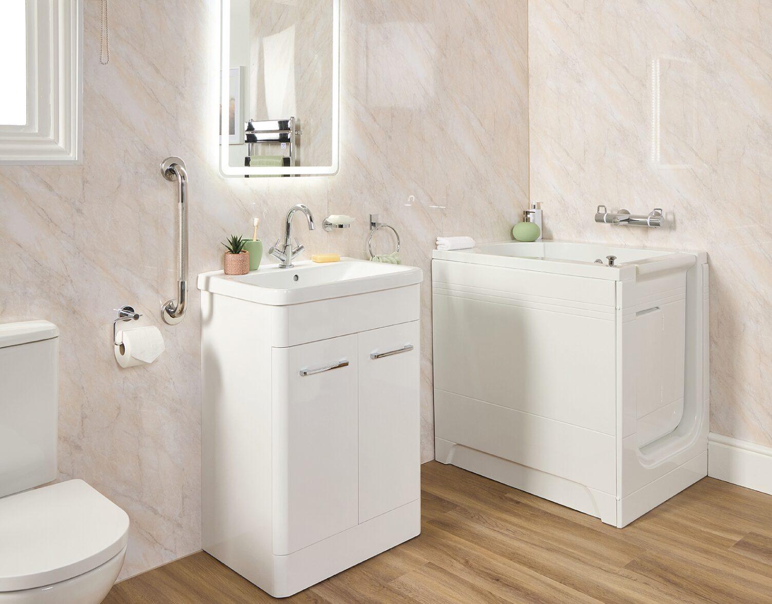 Sevilla end-entry walk-in bath shown with optional comfort upgrades