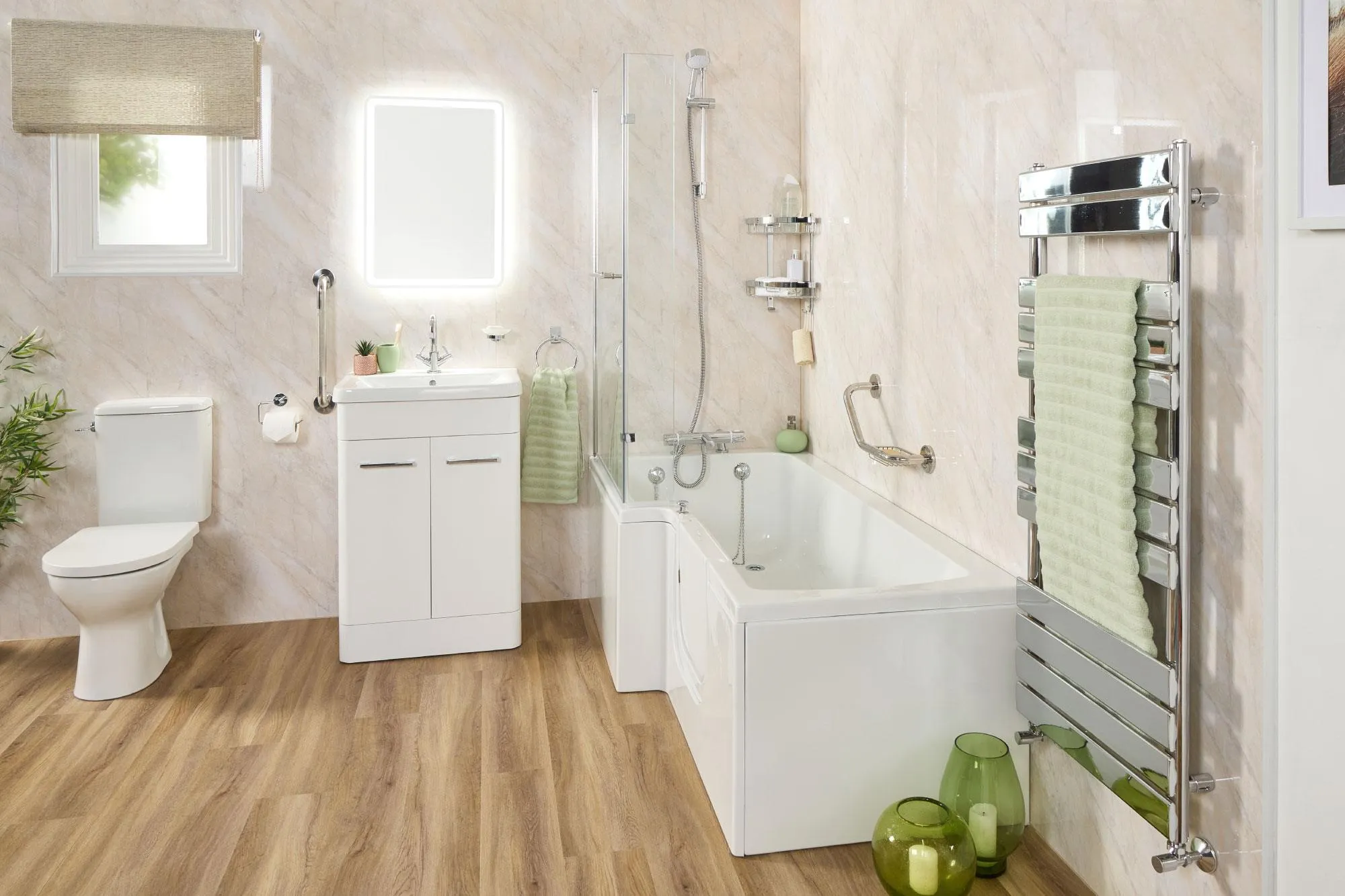 Walk-in bath with low-entry door, grab rails and slip-resistant flooring by EA Mobility