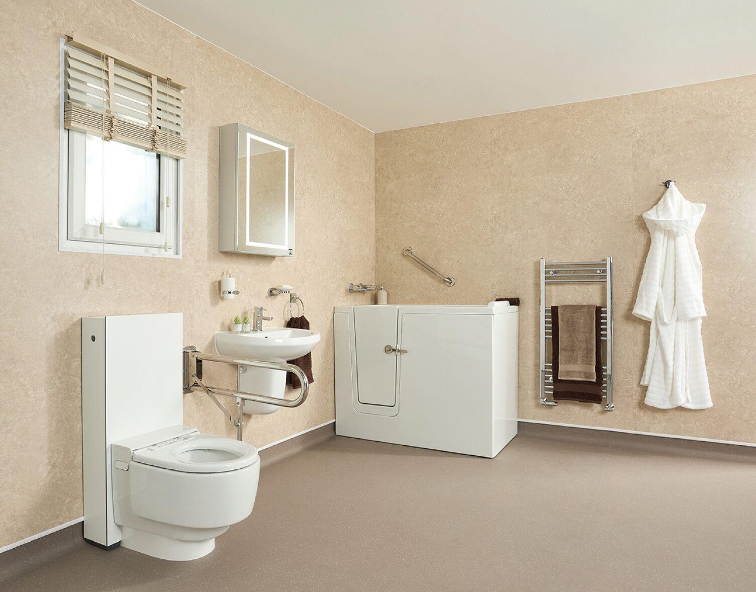 Torino Mini walk-in bath shown with optional comfort and safety upgrades