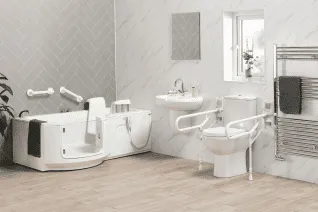 Walk-in bath with a powered bath lift
