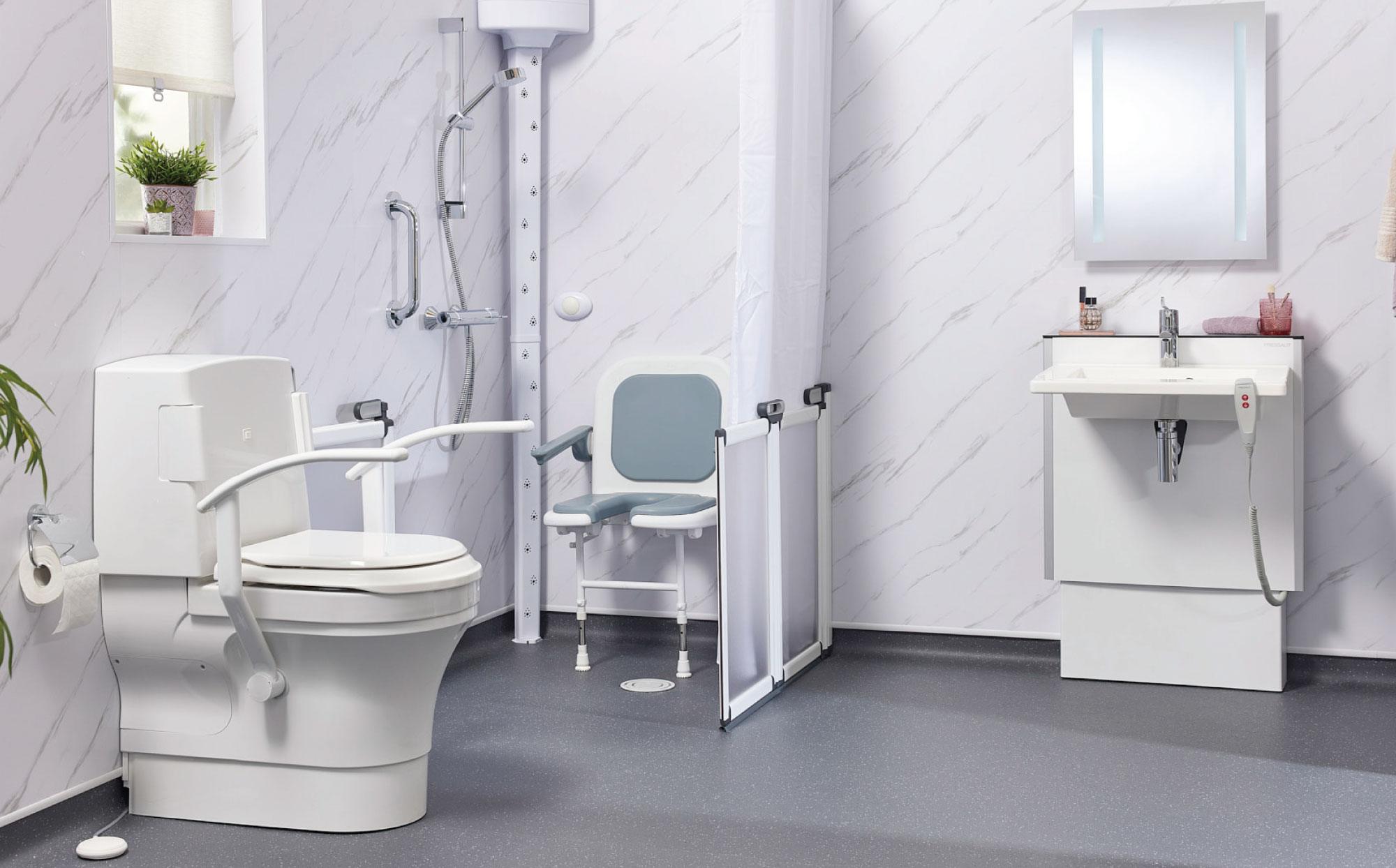 Accessible bathroom fitted with EA Mobility accessories
