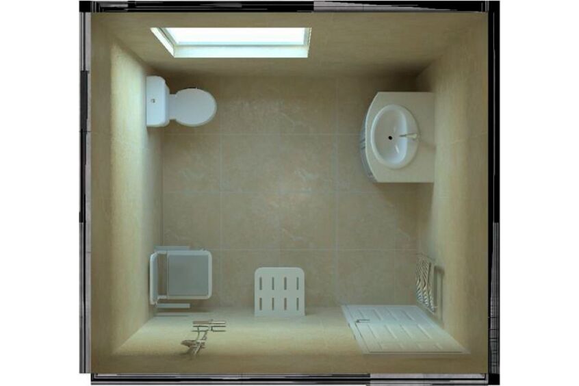 Top-down view of a compact accessible wet room with toilet, basin and fold-down shower seat on one continuous floor