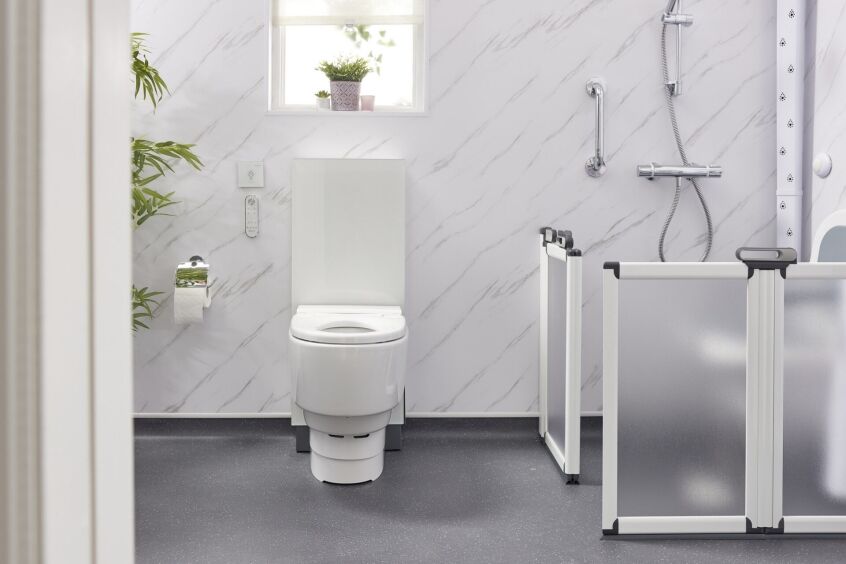 Geberit wash and dry smart toilet installed in an accessible wet room