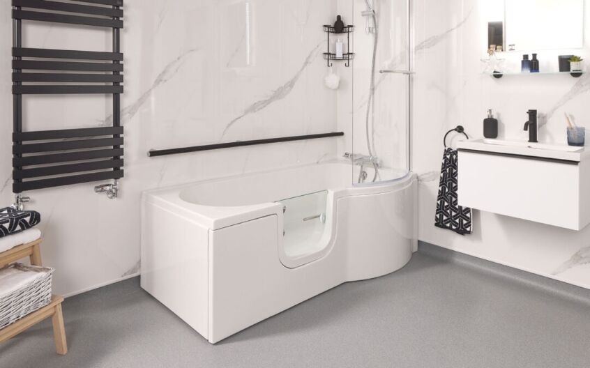 Modern walk in bath installation offering full depth soak compared to electric bath lift