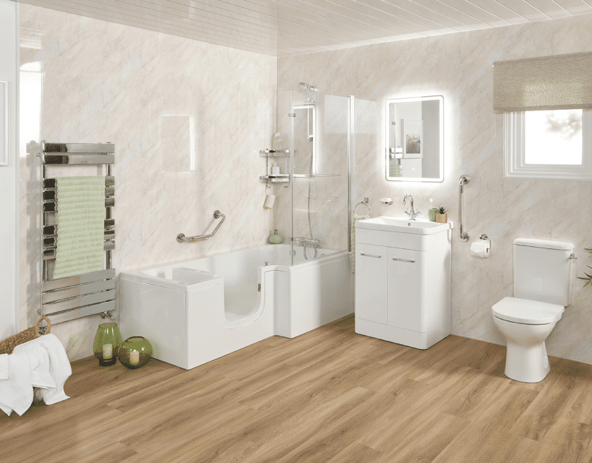 P-shaped walk-in shower bath with a glass door and a widened shower end, installed in a UK bathroom