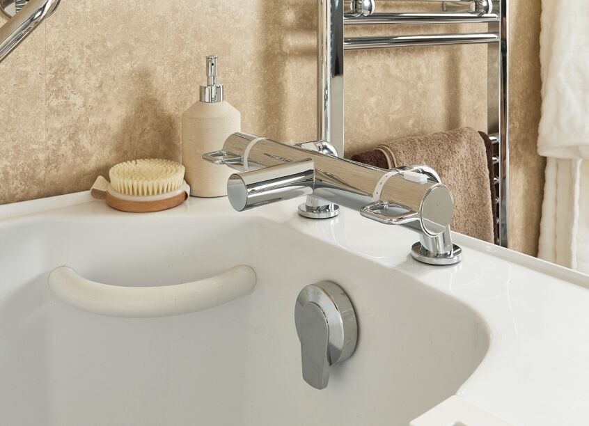 Thermostatic mixing valve TMV3 on walk in bath to prevent scalding and temperature fluctuations