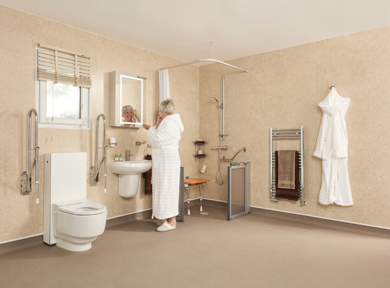 Level-access wet room with walk-in shower, installed by EA Mobility